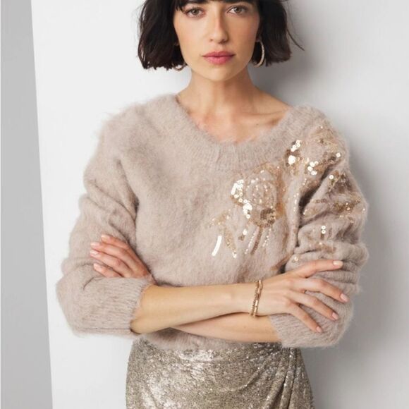 WHBM Sequin Embellished Tan Boat Neck Sweater style 570380544. Size XS NWT - Picture 1 of 5